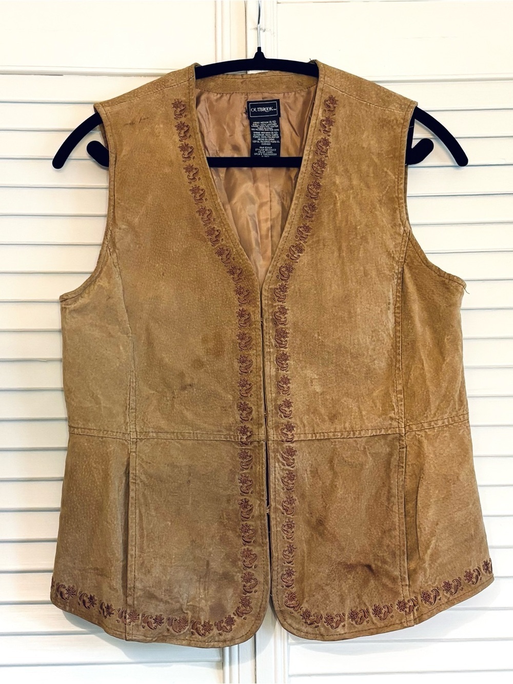 Vintage Outbrook Tan Suede Leather Embroidered Vest Boho Western Medium